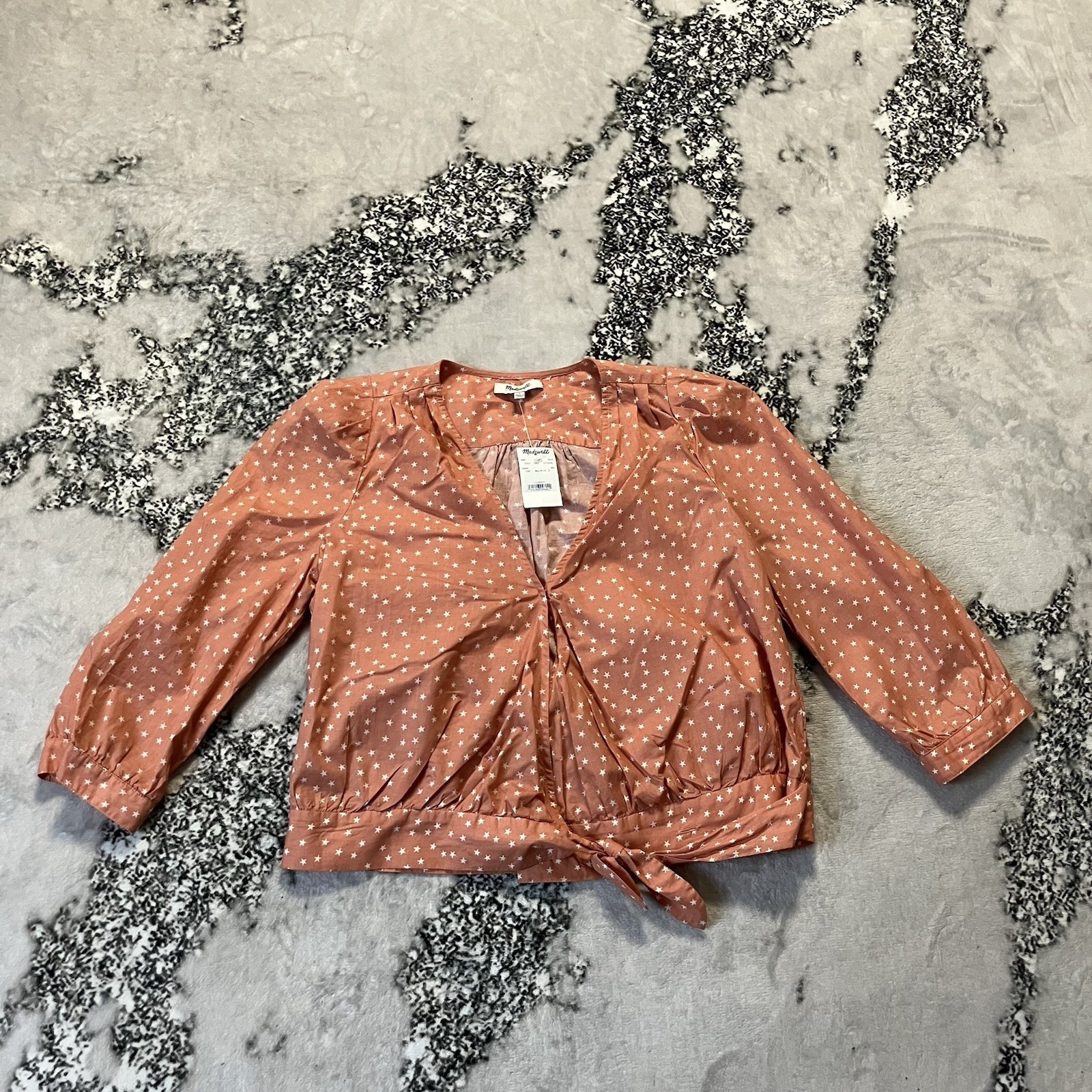 Madewell Shirt Womens Size Small Coral Scatter Wrap Crop Blouse 3/4 Sleeve